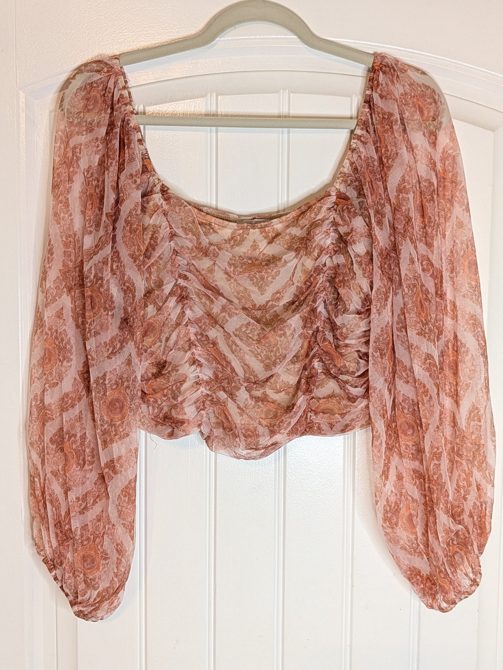 Dress Forum Fairycore Pink Runched Crop Top Sheer Mesh Sleeves